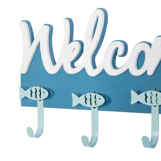 Blue Wood Coastal Wall Hook, 11" x 19" x 2"